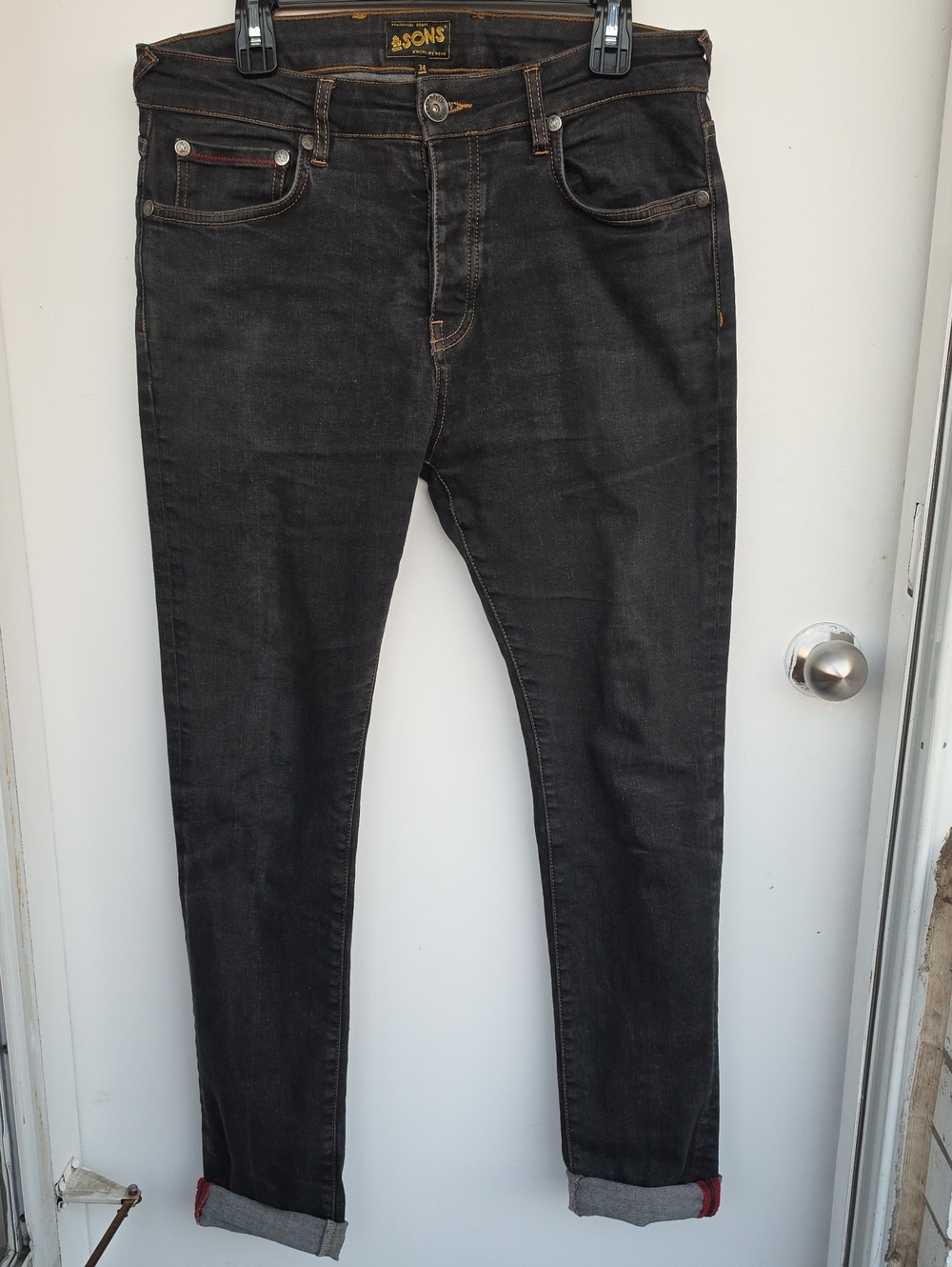 &SONS Brandon Charcoal Denim Jeans Size 34 (Measures 35x33) Slim Button Fly. B1z